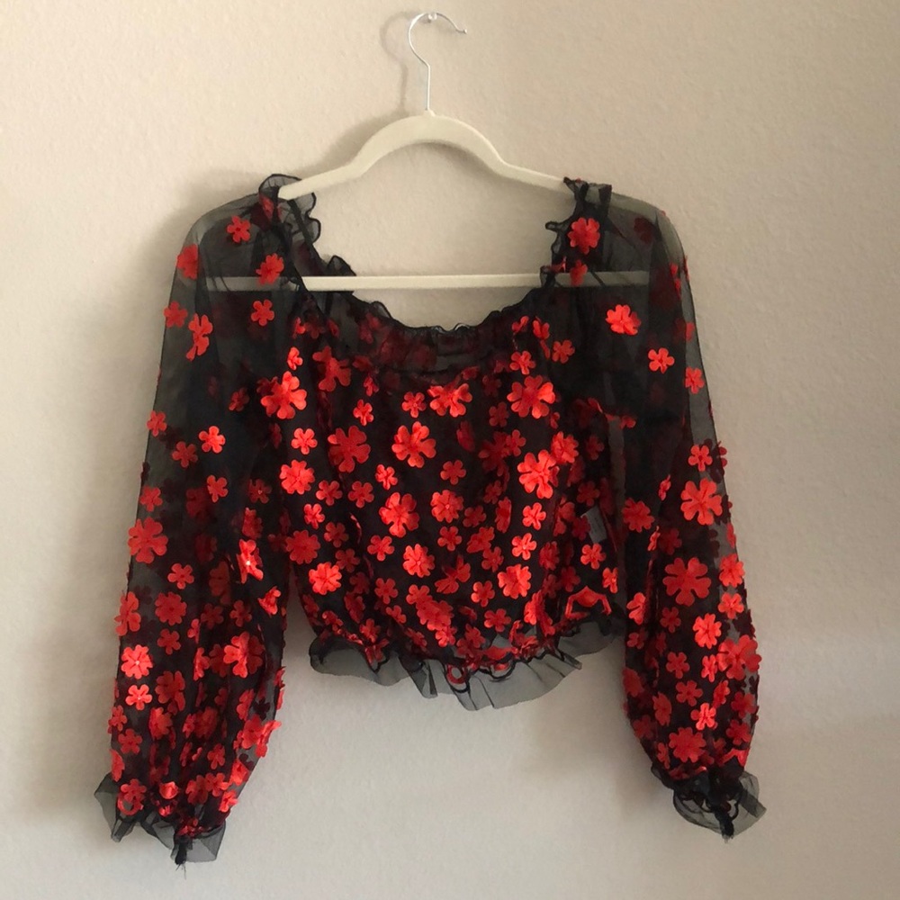 Off the Shoulder Fashion Nova Mesh Floral Top